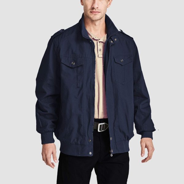 Men's Cotton Cargo Jackets Stand Collar Lightweight Tactical Jacket Windbreaker 4 Pockets