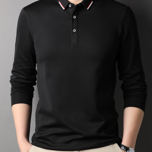 Men's navy blue lapel long sleeve polo shirt