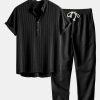 Linen Blend Striped Half Open Placket Henley Collar Shirt & Straight Leg Linen Pants
