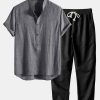 Short Sleeve Half Button Fly Henley Collar Shirt & Straight Leg Linen Pants