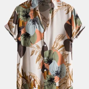 Tropical Print Shirt & Textured Cotton 5" Shorts