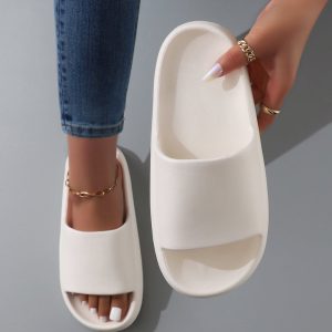 Fashion White Slippers For Women, Minimalist Single Band Slides