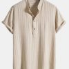 Linen Blend Striped Half Open Placket Henley Collar Shirt & Straight Leg Linen Pants