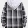 Curved Hem Contrast Hooded Plaid Shirts
