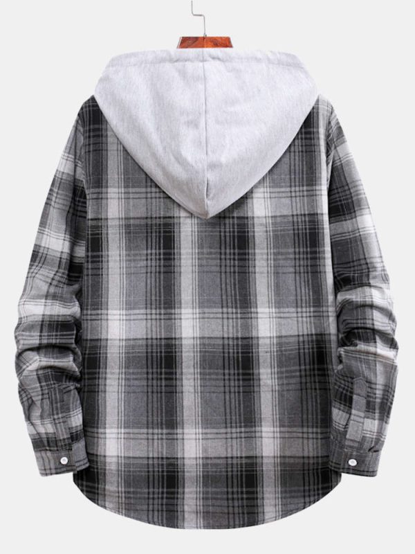 Curved Hem Contrast Hooded Plaid Shirts