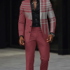 Fashion Colorblock Plaid Lapel Collar Button Blazer & Pants 2Pcs Set