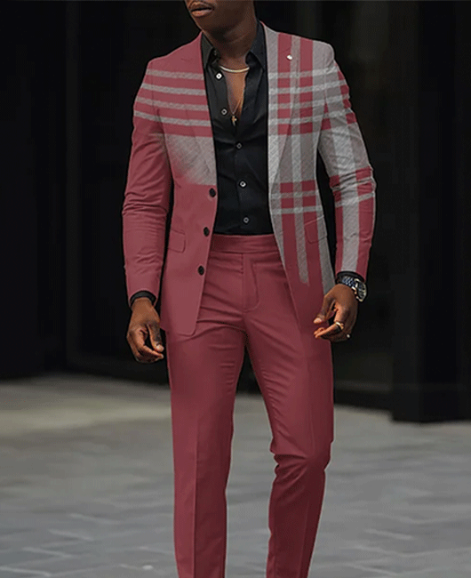 Fashion Colorblock Plaid Lapel Collar Button Blazer & Pants 2Pcs Set