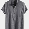 Short Sleeve Half Button Fly Henley Collar Shirt & Linen Cotton Blend 11" Shorts