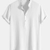 Wrinkled Cotton Half Open Placket Henley Collar Shirt & Straight Leg Linen Pants