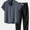 Linen And Rayon Blend Stand Collar Shirt & Straight Leg Linen Pants