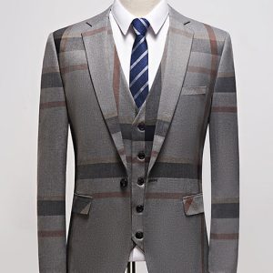 Business Plaid Print Lapel Collar Blazer & Blazer Vest & Pants 3pcs Set