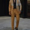 Fashion Colorblock Plaid Lapel Collar Button Blazer & Pants 2Pcs Set