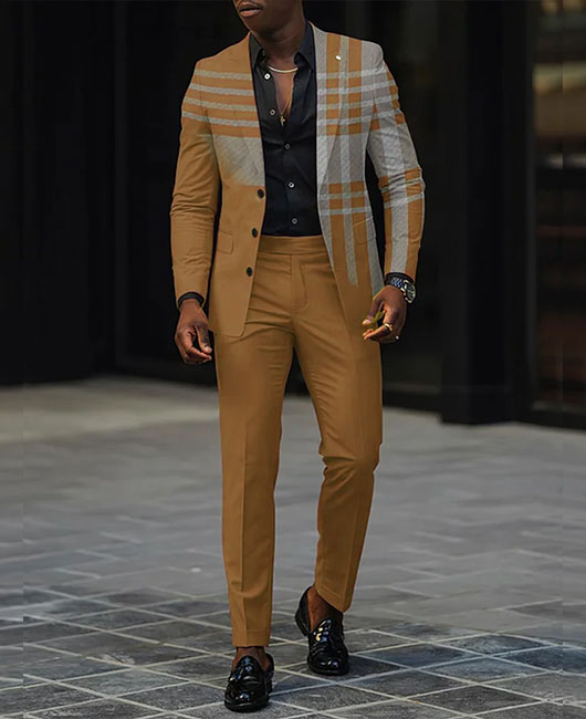 Fashion Colorblock Plaid Lapel Collar Button Blazer & Pants 2Pcs Set
