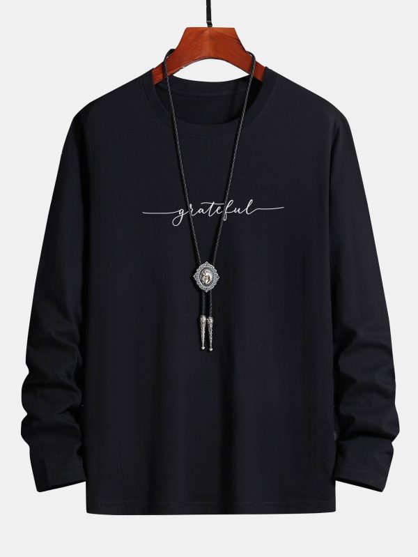 Long Sleeve Grateful Print Cotton T-Shirt