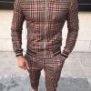 Casual Plaid Print Zipper Long Sleeve Coat & Pants 2Pcs Set