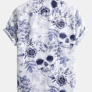 Skull Floral Print Button Up Shirt
