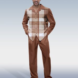Brown Plaid Long Sleeve Shirt Walking Set