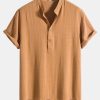 Linen Blend Striped Half Open Placket Henley Collar Shirt & Straight Leg Linen Pants