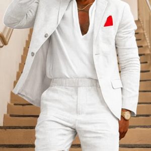 OK Casual  Plain Lapel Collar Linen Blazer & Shorts 2Pcs Set