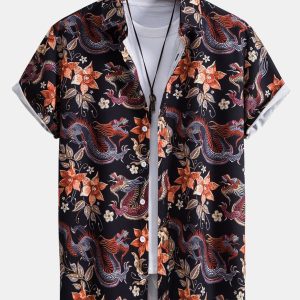 Dragon Floral Print Button Up Shirt & Dragon Print Swim Shorts