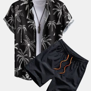 Palm Tree Print Button Up Shirt & Swim Shorts