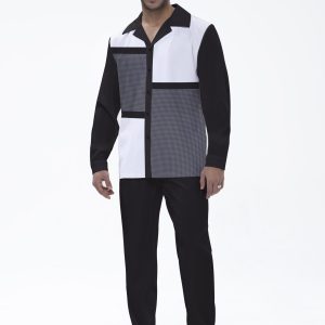 Color Block Plaid Long Sleeve Walking Suit 001