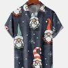 Casual Style Holiday Series Retro Christmas Christmas Gnome Element Pattern Lapel Short-Sleeved Shirt Print Top