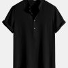 Wrinkled Cotton Half Open Placket Henley Collar Shirt & Straight Leg Linen Pants
