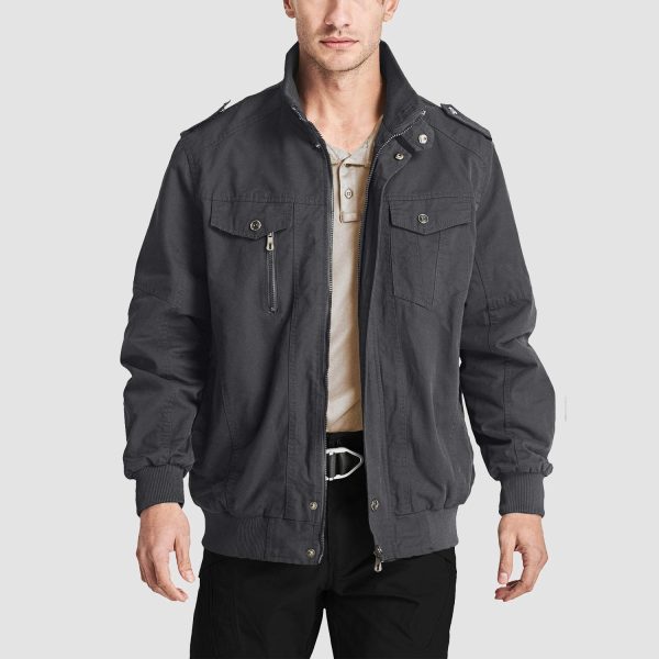 Men's Cotton Cargo Jackets Stand Collar Lightweight Tactical Jacket Windbreaker 4 Pockets