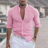 Men's Linen Solid Color Casual Stand Collar Long Sleeve Shirt