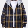 Curved Hem Contrast Hooded Plaid Shirts