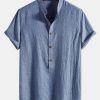 Short Sleeve Half Button Fly Henley Collar Shirt & Straight Leg Linen Pants
