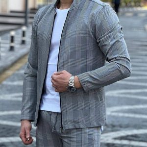 ddc863e681994407326d914c9ded121089a053fa1ed9dd05ac06eb349a20553f.jpg Stand Collar Plaid Pattern Zipper Jacket & Pants Set