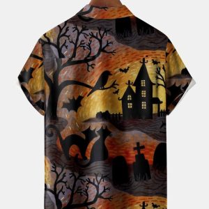Men's Halloween Cat Print Casual Breathable Short Sleeve Shirt