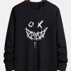 Long Sleeve Scary Face Print Cotton T-Shirt