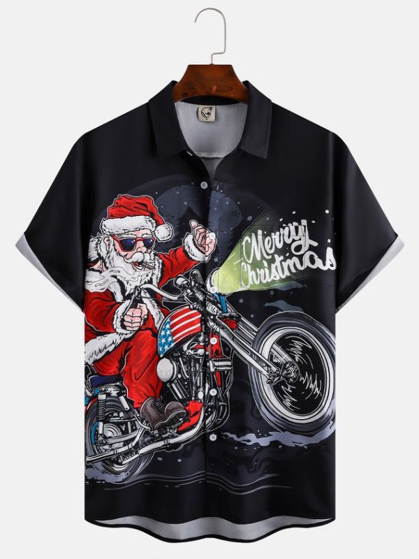 Men's Santa Print Casual Short Sleeve Shirt with Breast Pocket