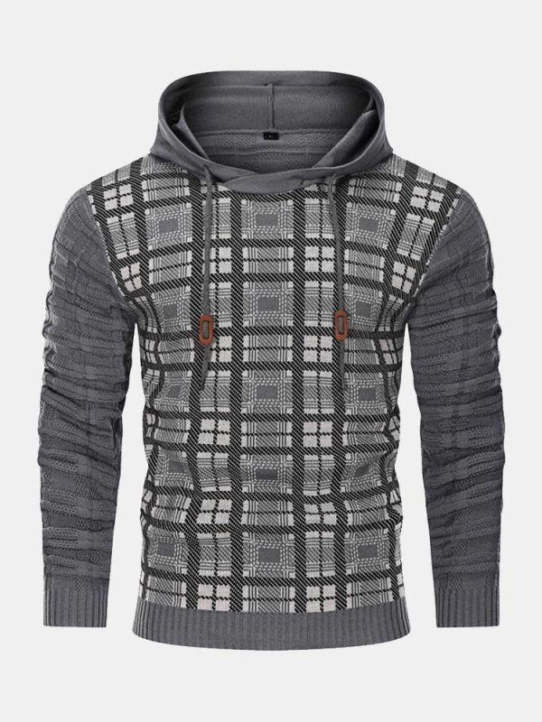 Slim Fit Knitted Plaid Paneled Hooded Sweater