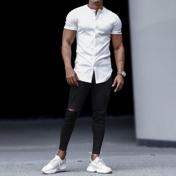 Men's Casual Slim Solid Color Short Sleeve Shirt Outdoor Fitness Sports Running Pure Cotton Stand Collar Cardigan