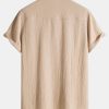 Wrinkled Cotton Half Open Placket Henley Collar Shirt & Straight Leg Linen Pants