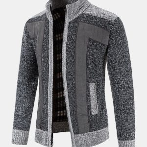 Zip Up Faux Suede Patchwork Sweater
