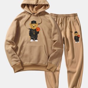 Basketball Bear Print Hoodie & Jogger Pants