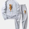 Robot Bear Print Raglan Sleeves Sweatshirt & Jogger Pants