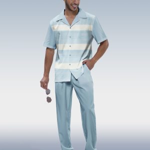 f87fb5adf57f5a47bd79238a010e1ba520e27385fd2d910c06778f3a90f814b7.jpg Blue Textured Two-Piece Short Sleeve Printed Walking Set