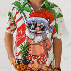 Mens Christmas Santa Surfing Print Front Buttons Soft Breathable Chest Pocket Casual Hawaiian Shirt