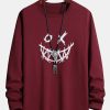 Long Sleeve Scary Face Print Cotton T-Shirt