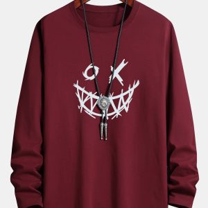 Long Sleeve Scary Face Print Cotton T-Shirt