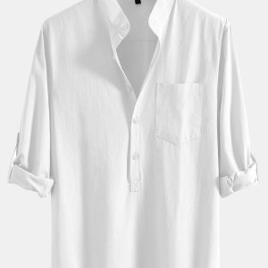 Long Sleeve Linen Look Henley Collar Shirt